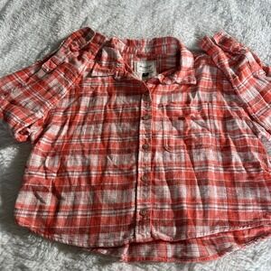 American Eagle Women's M Orange White Plaid Cropped Flannel Button Down Shirt